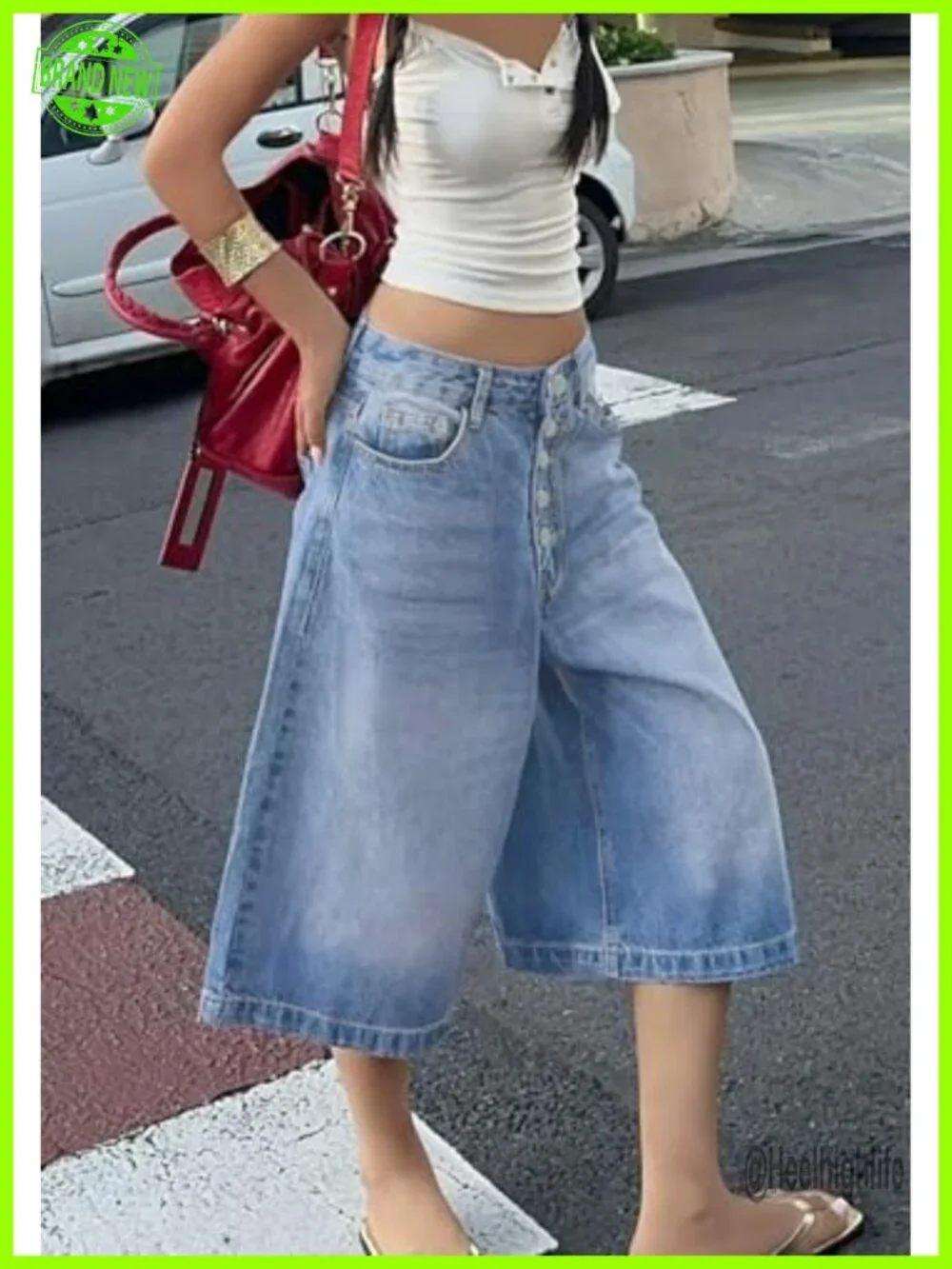 Women's High Waist Wide Leg Bermuda Jean Shorts Stretchy Denim Capris